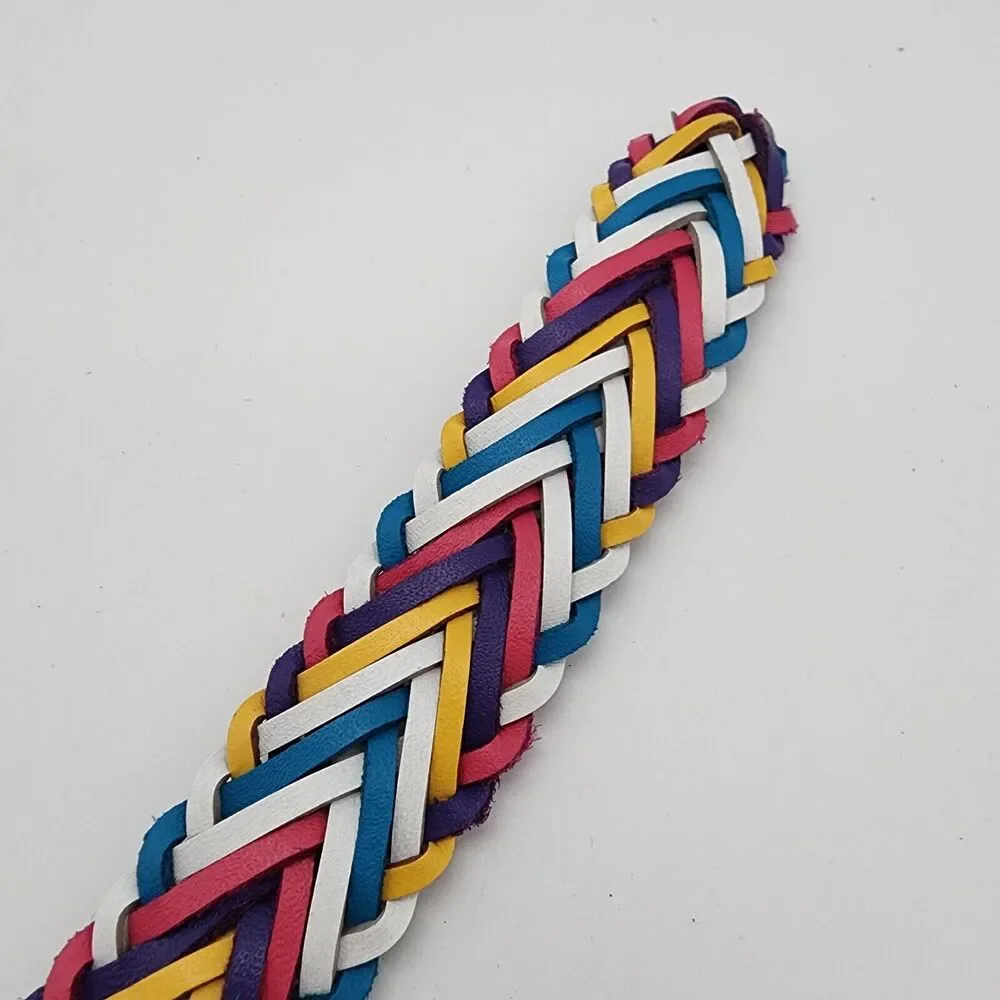 Womens Vintage Y2K Rainbow Braided Leather Belt Size L White Buckle Colorful 90s